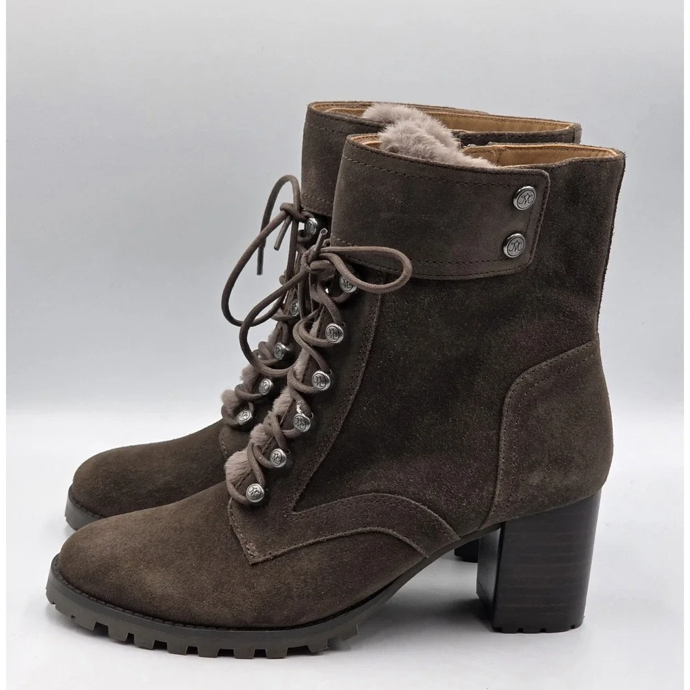 Johnston Murphy Suede Fur Lined‎ Lace Up Block Heel Ankle Boots Women's 8.5M